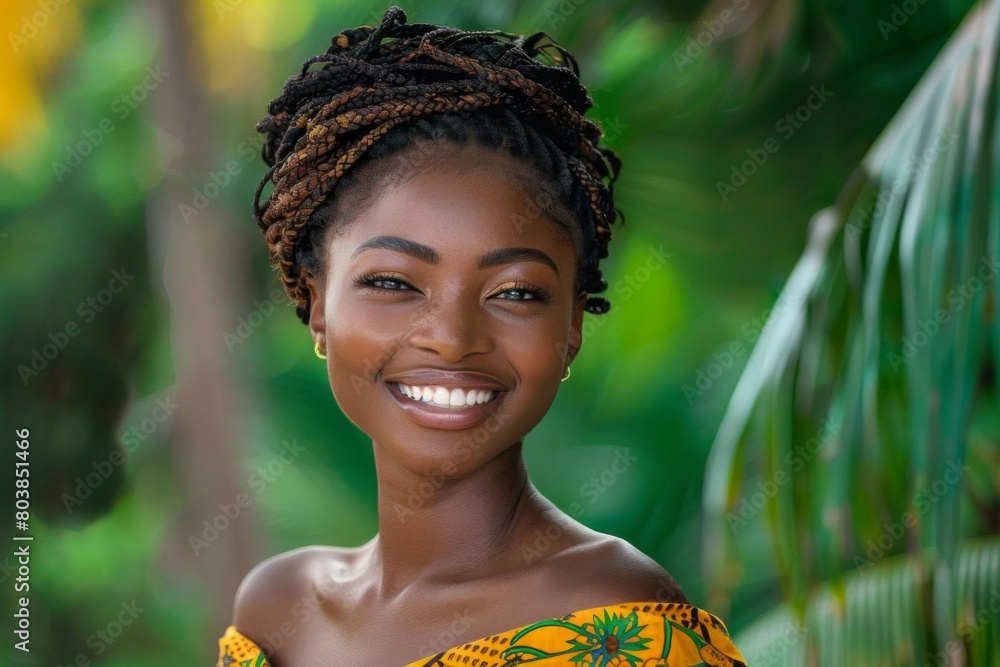 African woman with intricate braided hair and radiant smile wearing a vibrant dress on a lush green background African woman with intricate braided hair and radiant smile wearing a vibrant dress on a lush green background