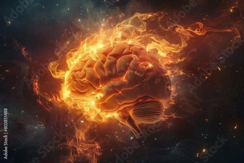 An abstract representation of a brain in fiery turmoil surrounded by darkness photo