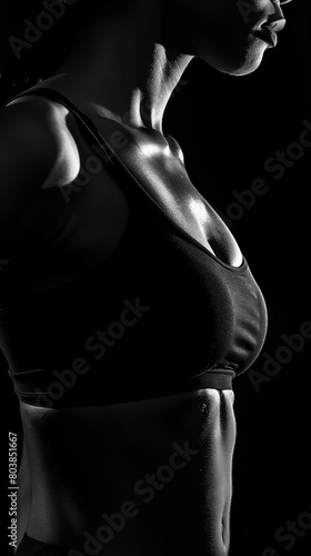 Closeup of a young woman athletes sculpted abdominal muscles against a black background, showcasing strength and dedication in bodybuilding and fitness training concepts