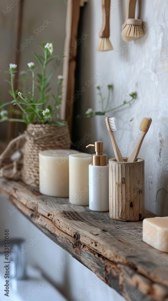 Ecofriendly bathroom with bamboo toothbrushes, homemade soaps, and zero waste toiletries arranged on a wooden shelf