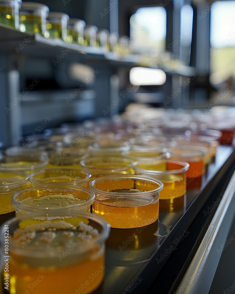 Research lab focusing on developing new bioremediation methods, with petri dishes containing oil degrading bacteria on display