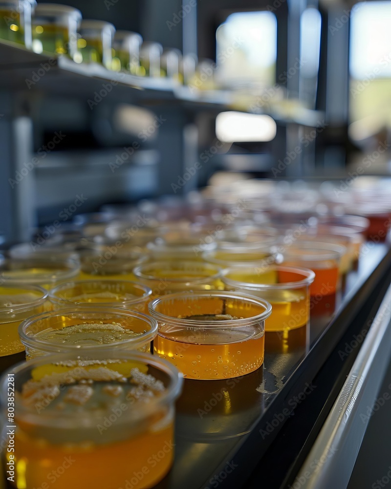 Research lab focusing on developing new bioremediation methods, with petri dishes containing oil degrading bacteria on display Research lab focusing on developing new bioremediation methods, with petri dishes containing oil degrading bacteria on display