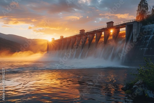 Panoramic shot of a hydroelectric dam at dawn, water shimmering under the early light, emphasizing sustainable power sources