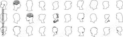 outline of  brain, human profiles, mental health, psychology, identity concept, vector graphic design, diversity, contour, side view, anonymous person, male, female, adult, child