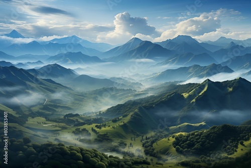 Beautiful valley with alpine village and river, mountains in the background, foggy morning. Generative AI