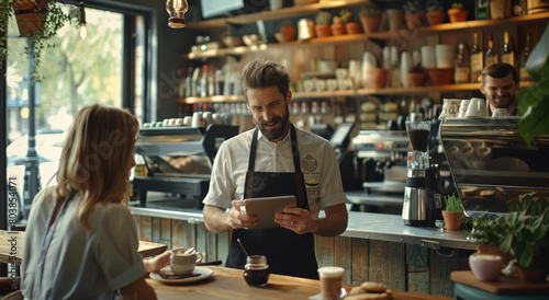 A smiling barista using an iPad to take down orders from customers in his coffee shop