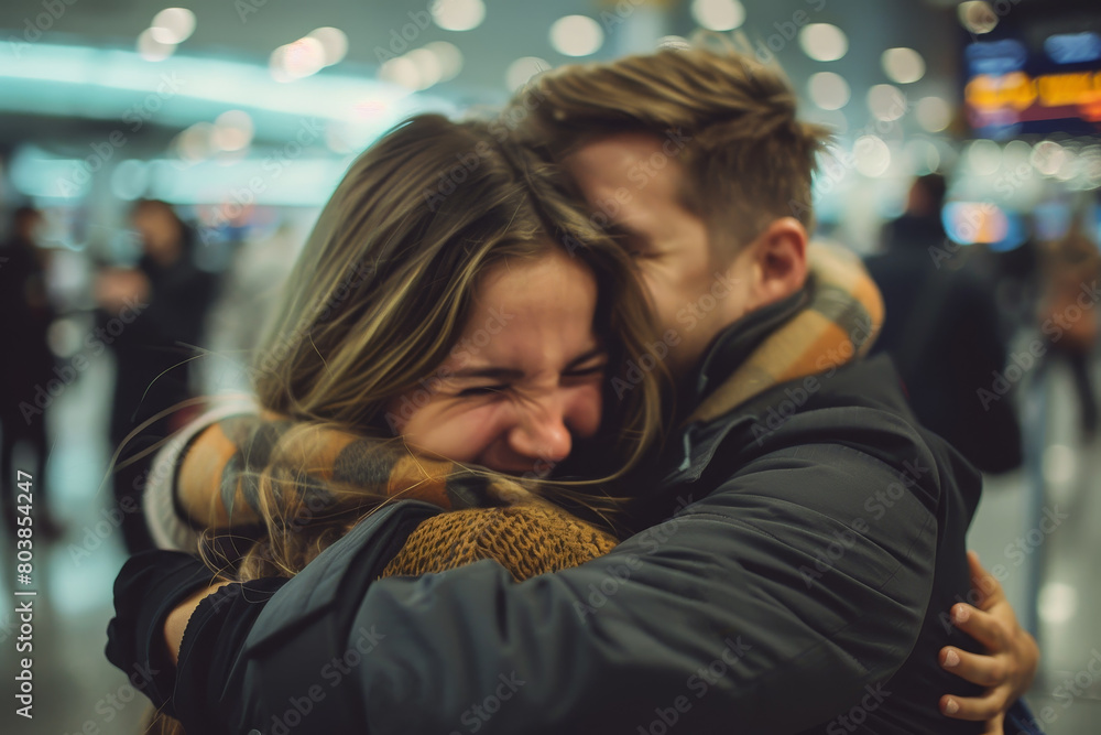 A couple hugging in a busy airport