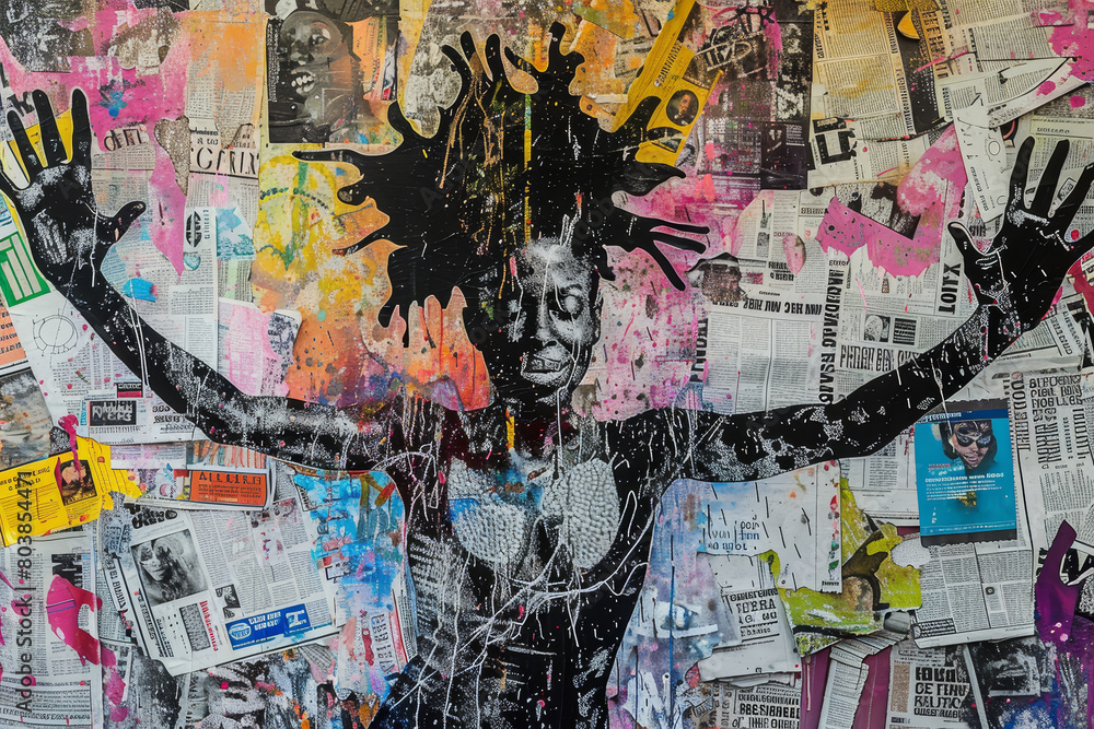 Fototapeta premium A woman with her arms outstretched is surrounded by newspaper clippings
