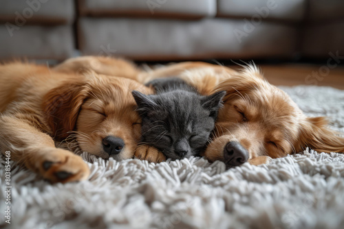 Golden Retriever and cat cuddling on carpet. Created with Ai