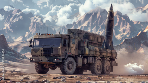 A military truck is driving through a desert with a large rocket behind it