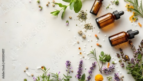Homeopathy lab with plant extracts for health care on light background. Concept Healthcare, Homeopathy, Plant Extracts, Natural Remedies, Light Background