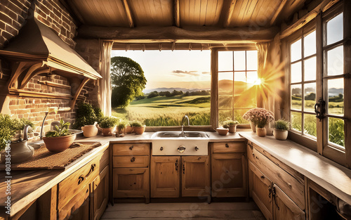 View into a rustic country house kitchen with a view of the landscape from the window, AI generated