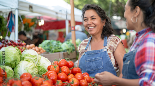 Within the lively hustle and bustle of an outdoor market, a spirited Latin woman shares laughter and conversation with a multiethnic farmers , as she handpicks plump organic tomatoes