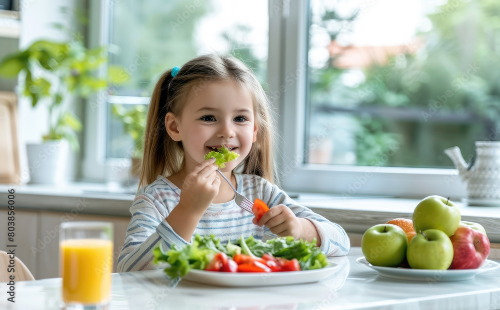 A little girl sits at the table and eats salad