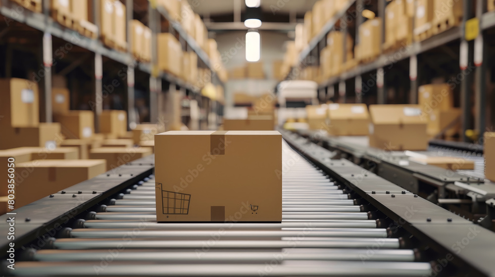 A conveyor belt in a warehouse with boxes on it A conveyor belt in a warehouse with boxes on it