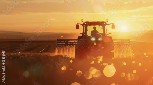 A tractor is driving through a field with the sun setting in the background