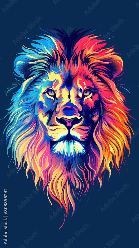 A colorful lion head with a blue background A colorful lion head with a blue background