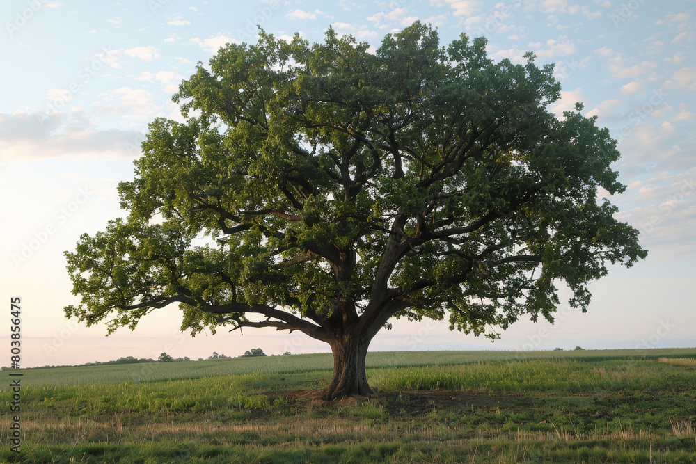 A large tree stands in a field with a blue sky in the background A large tree stands in a field with a blue sky in the background