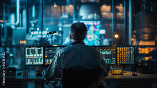  In a dimly lit control room, an engineer meticulously watches over a high-tech dashboard that presents real-time data and predictions from industrial machinery