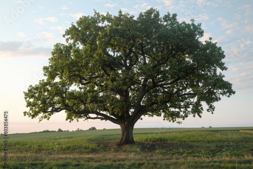 A large tree stands in a field with a blue sky in the background