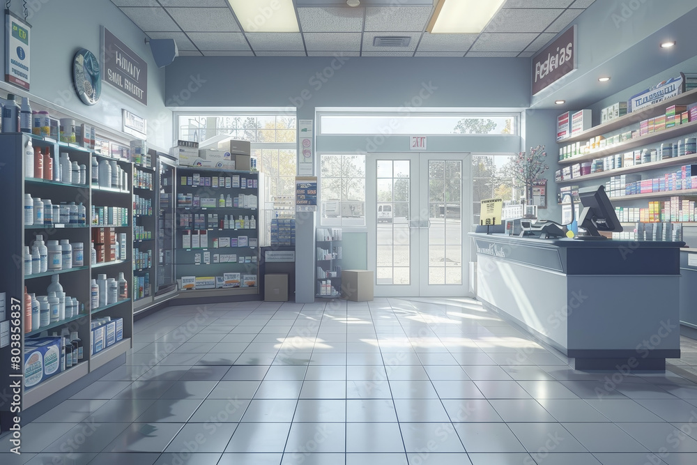 A pharmacy with a clock on the wall and a sign that says A pharmacy with a clock on the wall and a sign that says