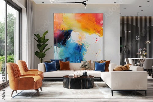 A vibrant abstract painting featuring bold splashes of color on a large canvas in a modern living room.