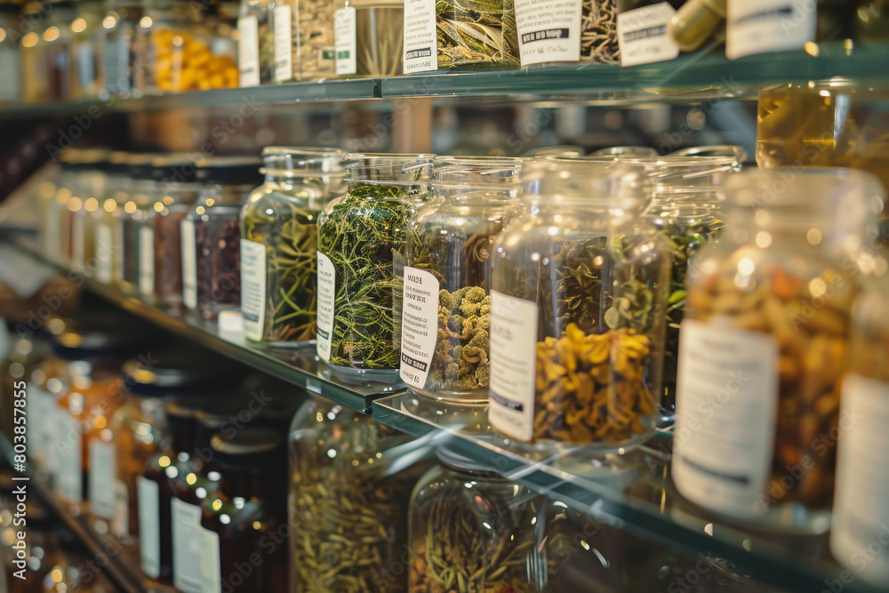 A shelf of glass jars filled with various herbs and spices A shelf of glass jars filled with various herbs and spices