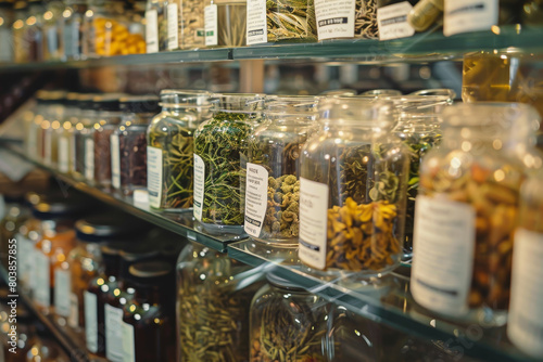 A shelf of glass jars filled with various herbs and spices