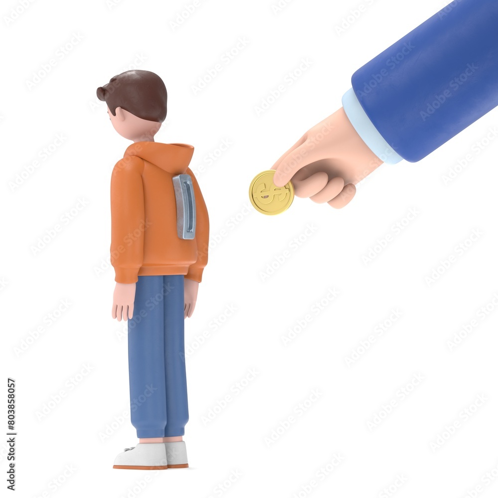 Flat style paying for 3D illustration of male guy Qadir. Big hand insert coin into hole in PEOPLE back. Costly expensive pricey medical insurance.3D rendering on white background