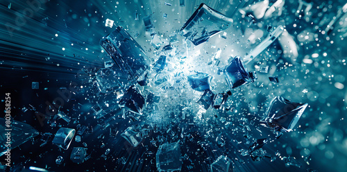 abstract broken glass explosion, dark blue background, photo