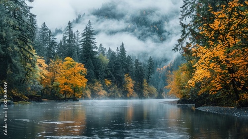 A tranquil river winding through a mist-covered forest on a crisp fall morning.