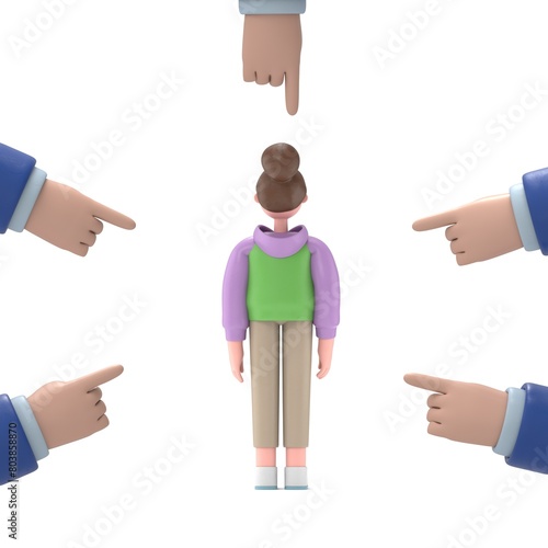 3D illustration of smiling Asian girl Renae.Accusation concept. Sad businesswoman. People point fingers at sad person. Public victim. 3D rendering on white background. photo