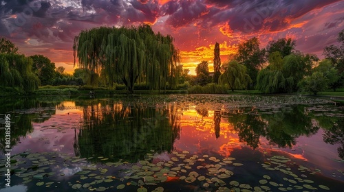 A tranquil pond reflecting the fiery colors of a breathtaking sunset  surrounded by a peaceful grove of willow trees.