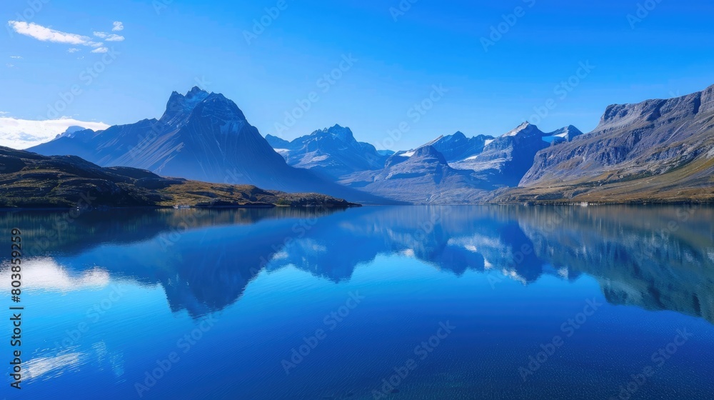 A tranquil lake reflecting a clear blue sky, surrounded by majestic mountains.
