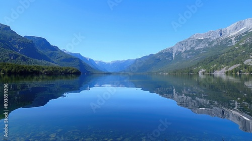 A tranquil lake reflecting a clear blue sky  surrounded by majestic mountains.