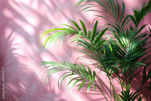 Pink wall with green palm leaves  shadows of the leaves on pink background. Created with Ai