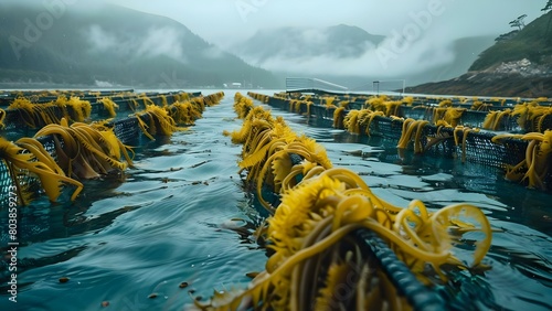 Seaweed algae thriving in aquaculture farm indicates sustainable growth and health. Concept Aquaculture, Seaweed Farming, Sustainability, Marine Algae, Health Benefits