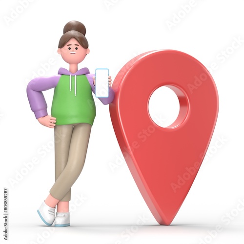 3D illustration of Asian girl Renae with Smartphone Standing near GeoPoint sign Mobile Navigation concept isolated on White Background. 3D people collection photo