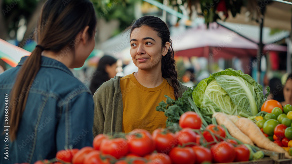 In the midst of a lively outdoors market, a Latin female customer interacts with a multiethnic farmers, their stall overflowing with a diverse array of fruits, vegetables
