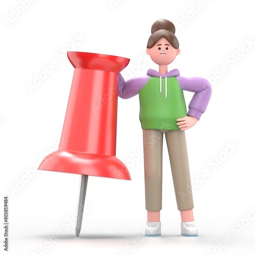 3D illustration of Asian girl Renae leaning on a huge red pushpin.3D rendering on white background. photo