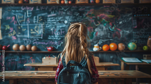 Little girl with school bag near blackboard in classroom.Pupil is writing on a chalkboard in a denim shirt and a pink skirt. Education and elementary school concept.
 photo