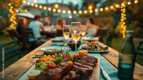 the starry night sky  a backyard dinner table is adorned with succulent grilled BBQ meat  vibrant salads  and glasses of wine  surrounded by joyous people engaged 