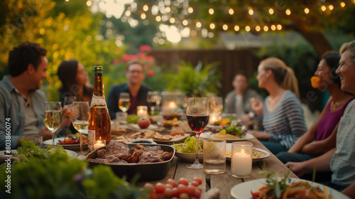 Amidst the tranquility of a backyard oasis, a dinner table is adorned with succulent grilled BBQ meat, vibrant salads, and glasses of wine, surrounded by joyous people sharing