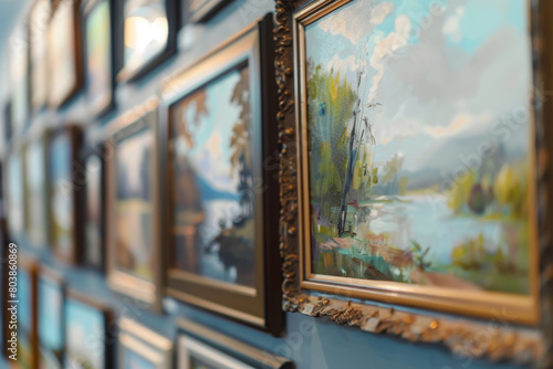 A wall of framed paintings with one of them titled  The Great Outdoors 