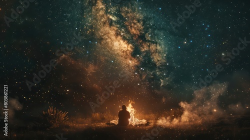 Amidst the tranquility of the wilderness  a solitary figure enjoys the warmth of a bonfire against the backdrop of the dazzling Milky Way  a testament to the beauty of nature.