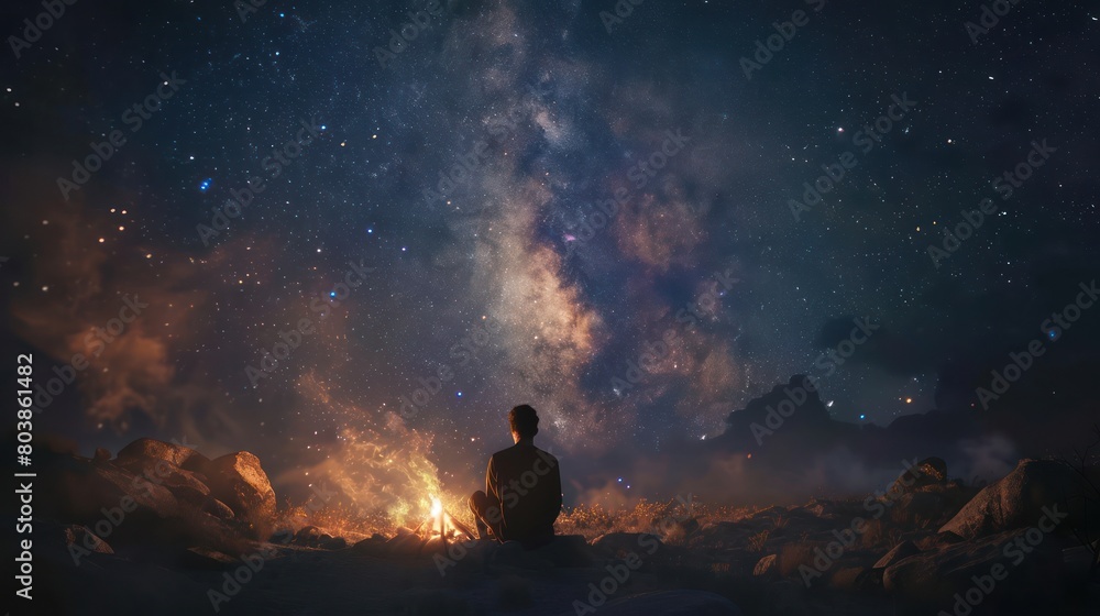 Amidst the tranquility of the wilderness, a solitary figure enjoys the warmth of a bonfire against the backdrop of the dazzling Milky Way, a testament to the beauty of nature. Amidst the tranquility of the wilderness, a solitary figure enjoys the warmth of a bonfire against the backdrop of the dazzling Milky Way, a testament to the beauty of nature.