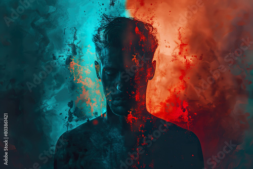 A man enveloped in contrasting red and blue hues, symbolizing the emotional extremes associated with the bipolar condition.  photo