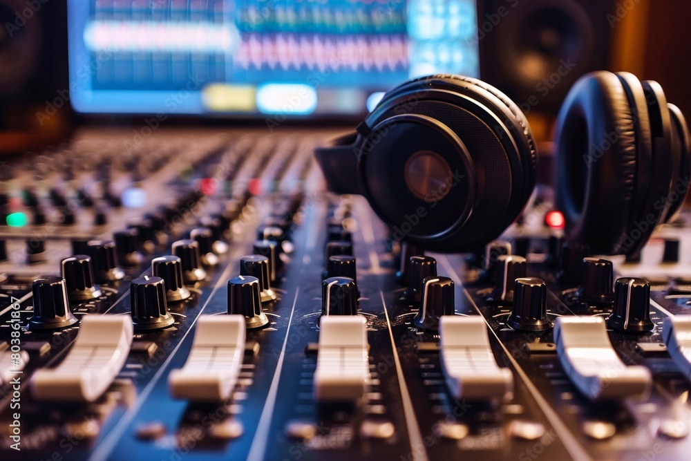 Sound mixer and headphones in a recording studio

