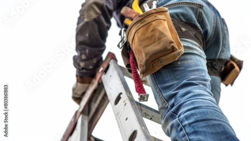 Closeup of a fully equipped tool belt as a builder climbs a ladder, essential gear in focus against white