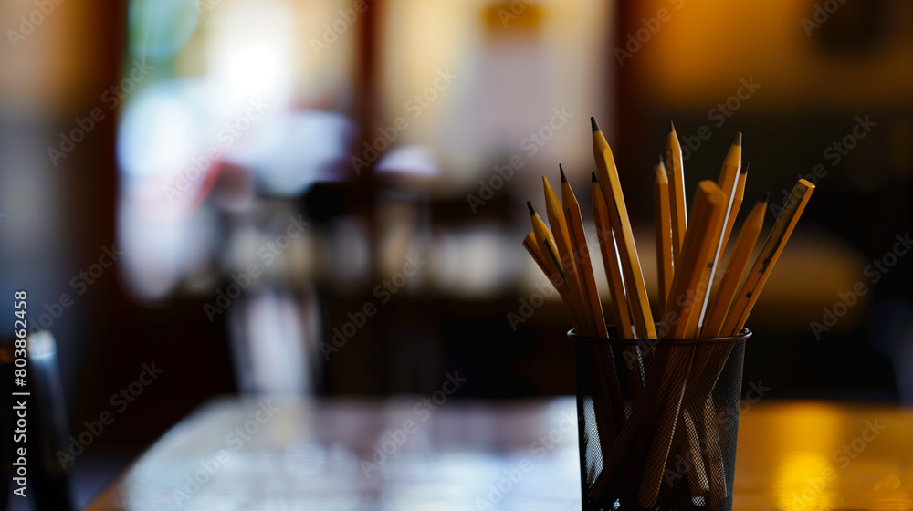 stack of pencils and pencil holder at work place stack of pencils and pencil holder at work place